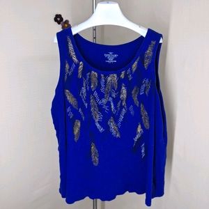 🍎 Royal Blue Ribbed Tank Top Gold Glitter Feather